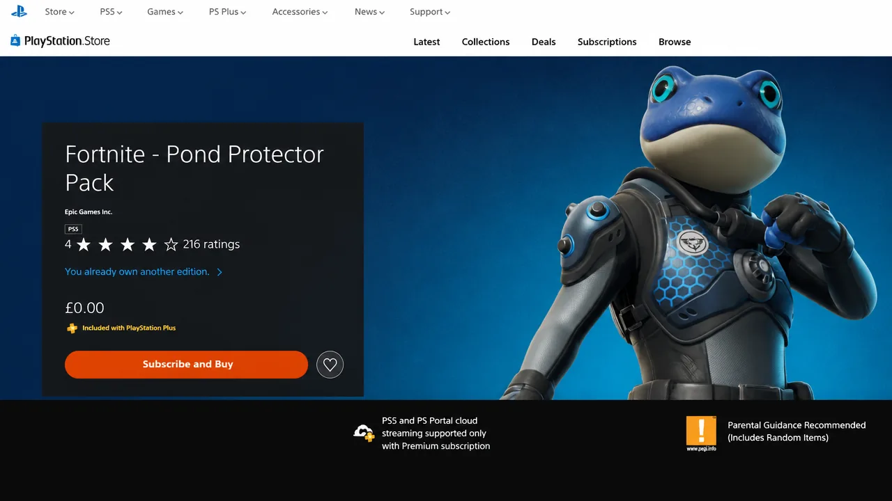 PlayStation Store page for the Fortnite Pond Protector Pack with the subscribe and buy option