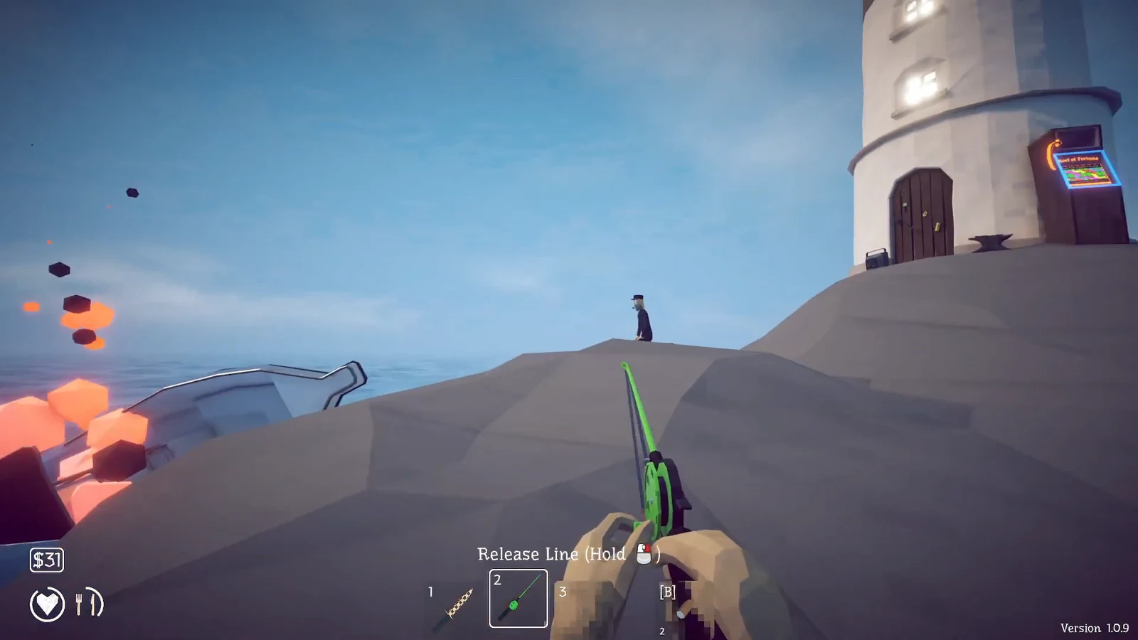 Player holding a green line launcher in slot 2 while approaching the lighthouse