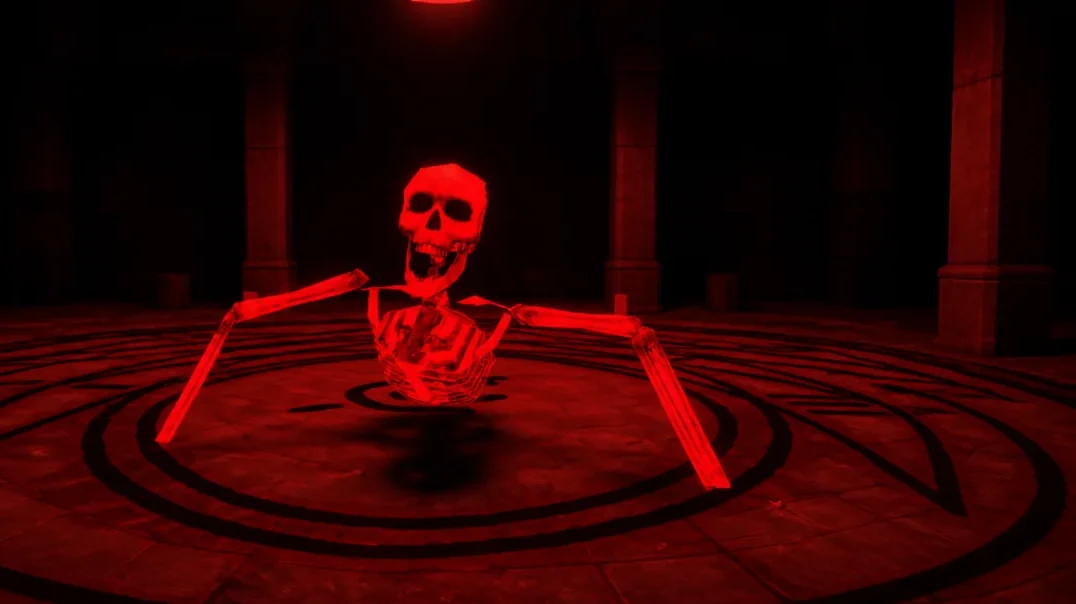 The red-lit ritual room with a summoning circle