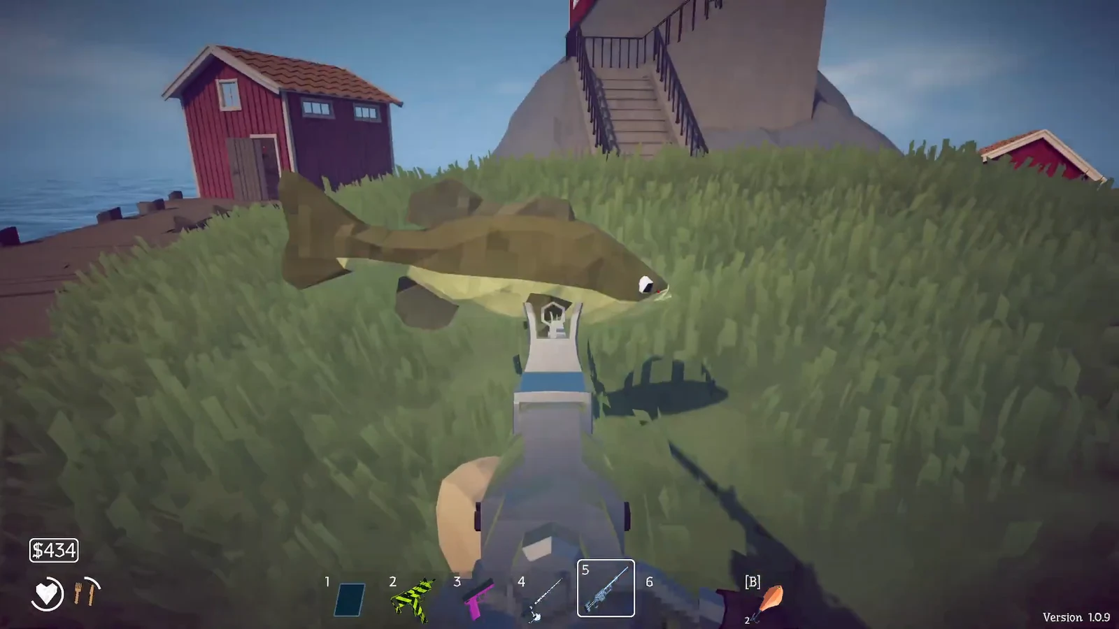 Player aiming the rifle at a fish lying in the grass with weapon slot 5 selected