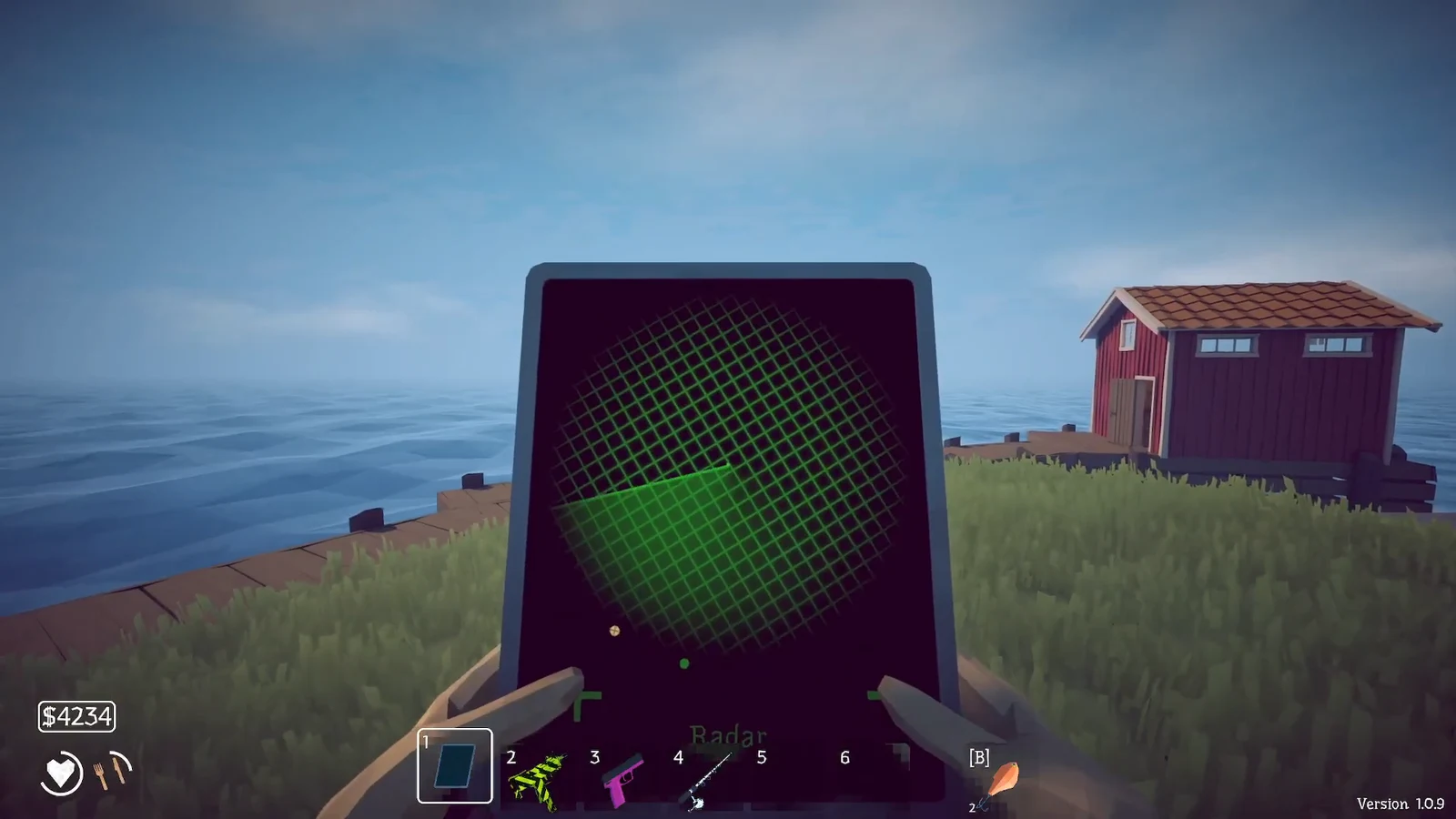 Radar device equipped in slot 1 showing a green scanning grid over the island
