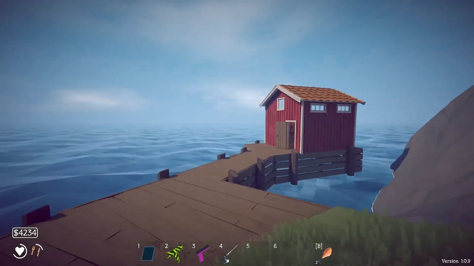 Player walking along a wooden dock toward a red boathouse with the money HUD visible