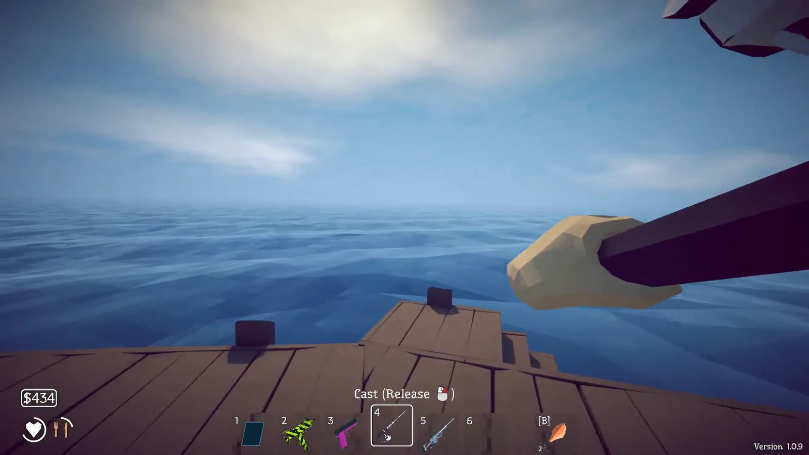 Fishing rod selected in hotbar slot 4 with a cast prompt shown over the ocean