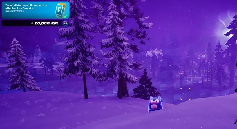 Fortnite HUD showing a completed quest for travelling distance under an Overdrive effect