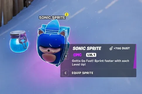 Sonic Sprite pickup prompt in Fortnite with the equip sprite button highlighted