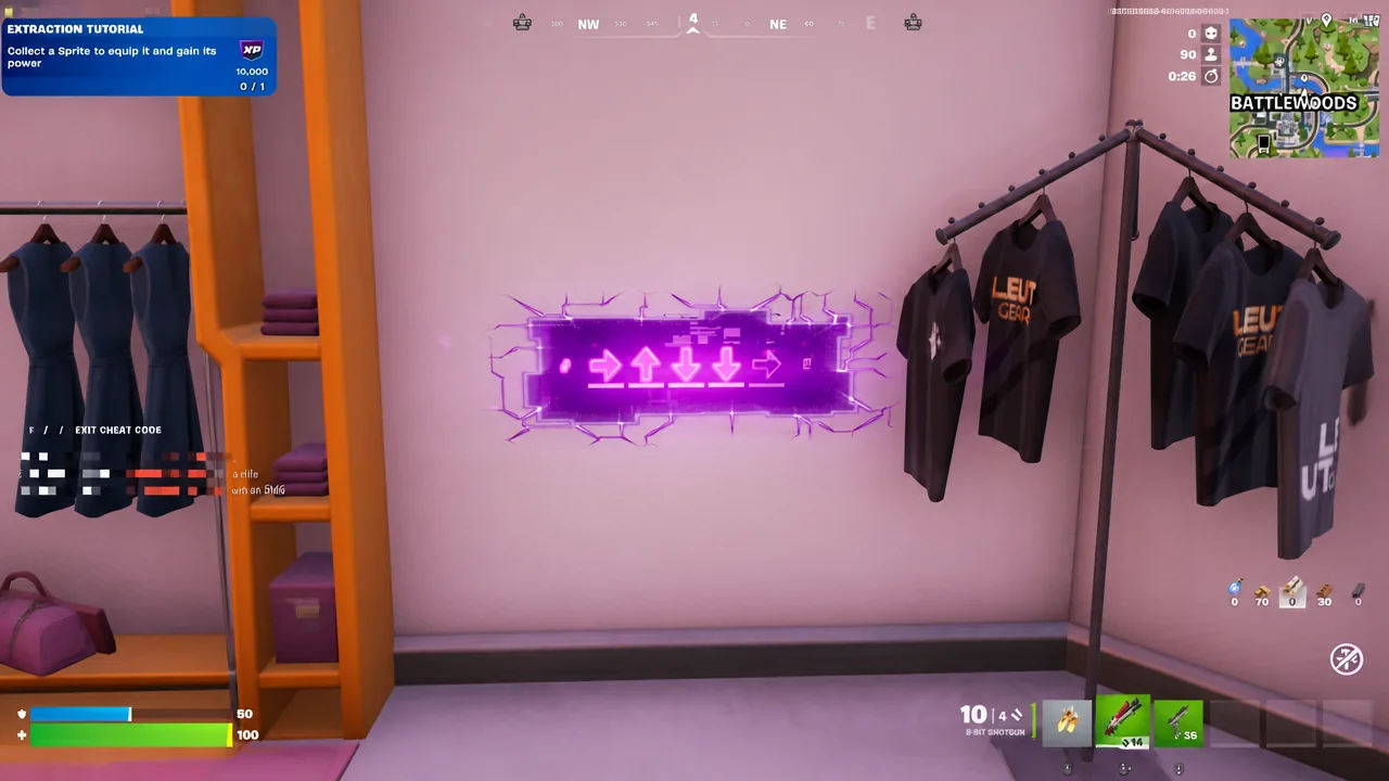 Glowing cheat code console showing the arrow sequence a player must input to open the chest