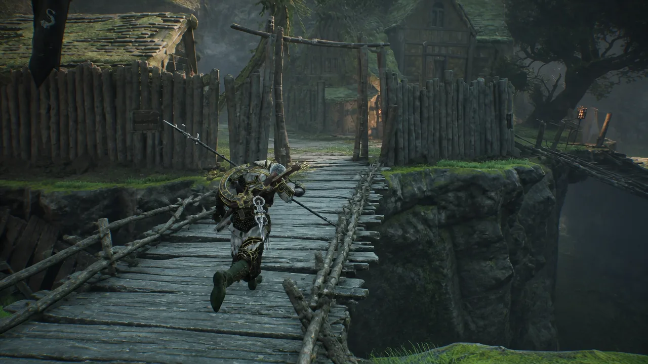 Character running across a wooden bridge toward a fortified village entrance