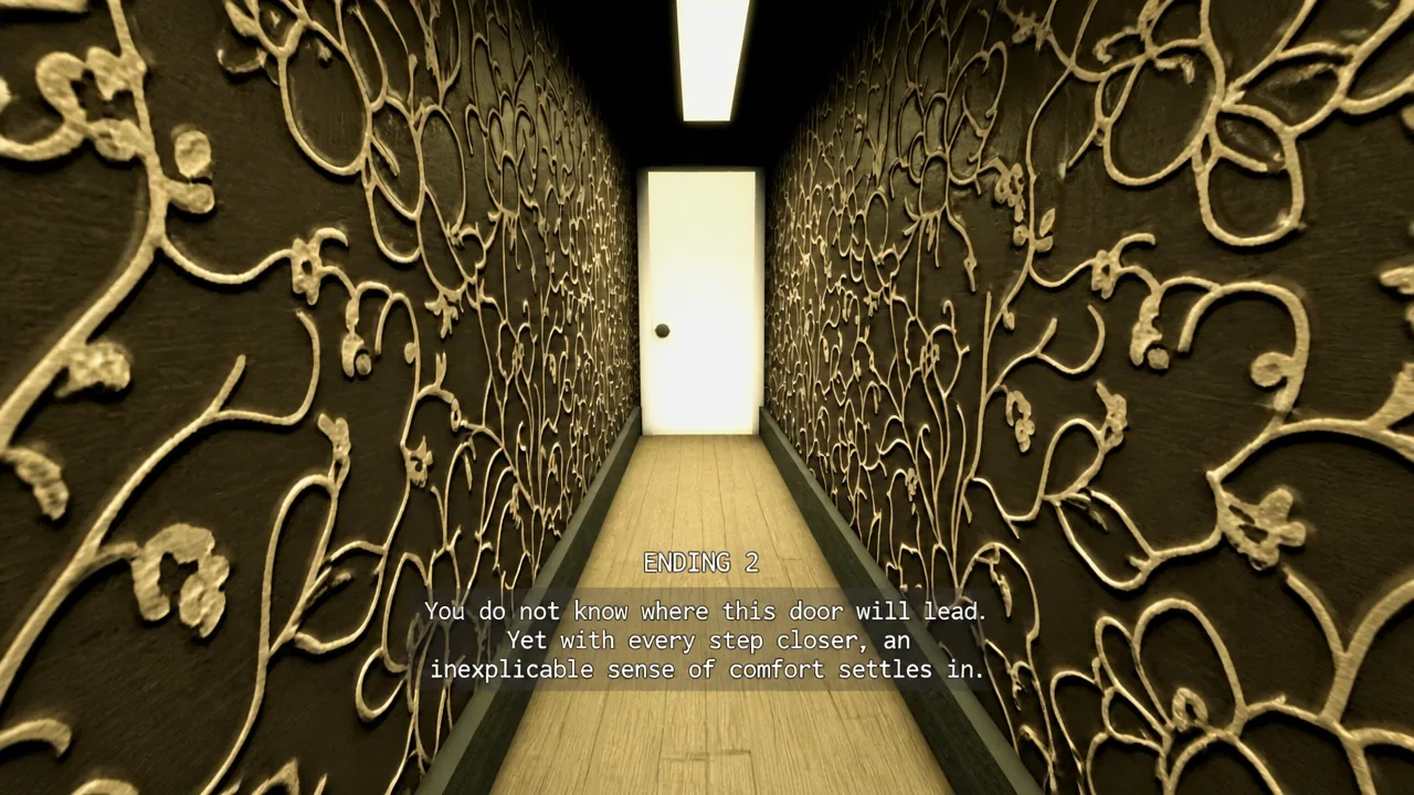 Illustration of the ENDING 2 screen at the end of a bright hallway