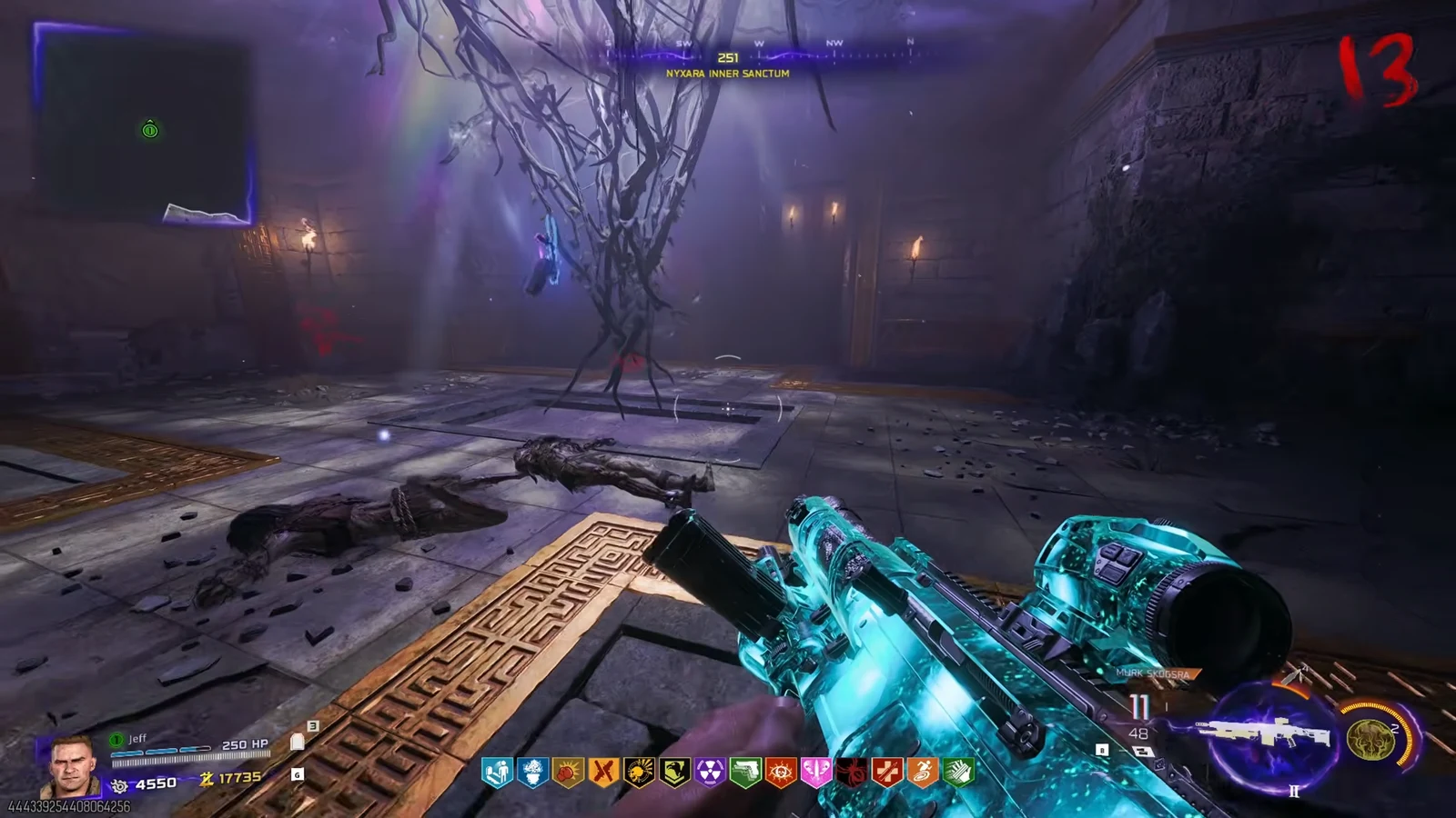 Player aims a cyan Mirk Skogsra rifle at a root-covered structure inside the Nyxara Inner Sanctum