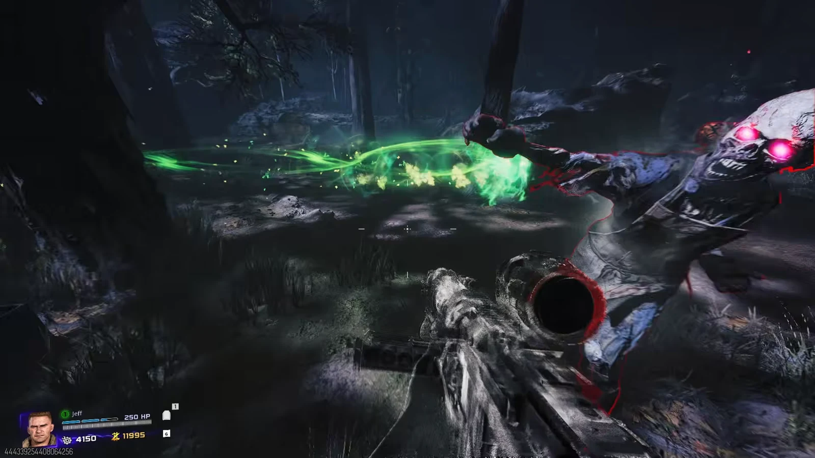 Player aims a scoped weapon at a skeletal, glowing-eyed enemy in the dark Rex Infernus forest