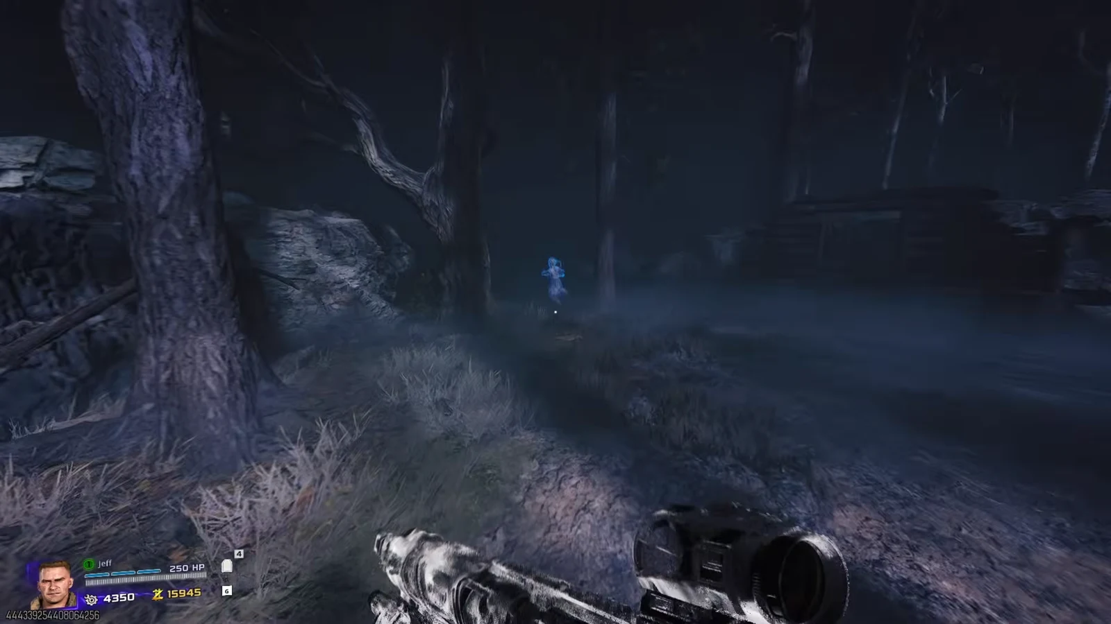 Player aims a scoped firearm at a glowing blue figure among the trees during the hide-and-seek challenge