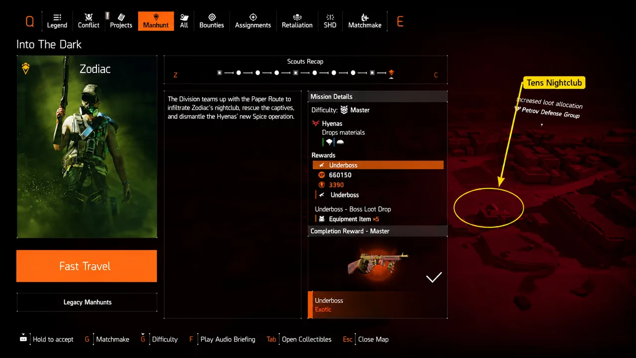 Into The Dark Manhunt screen with the Zodiac mission and Fast Travel option