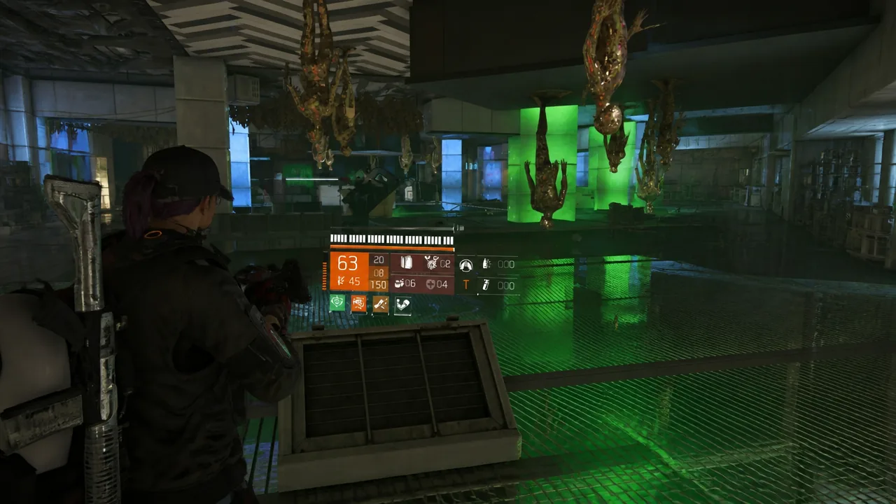 Aiming across a flooded, green-lit toxic area