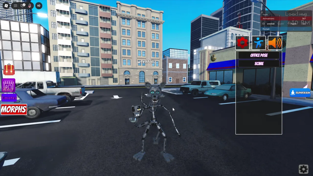 The Classic Mangle morph in game with its pose, eye, and audio toggles on screen