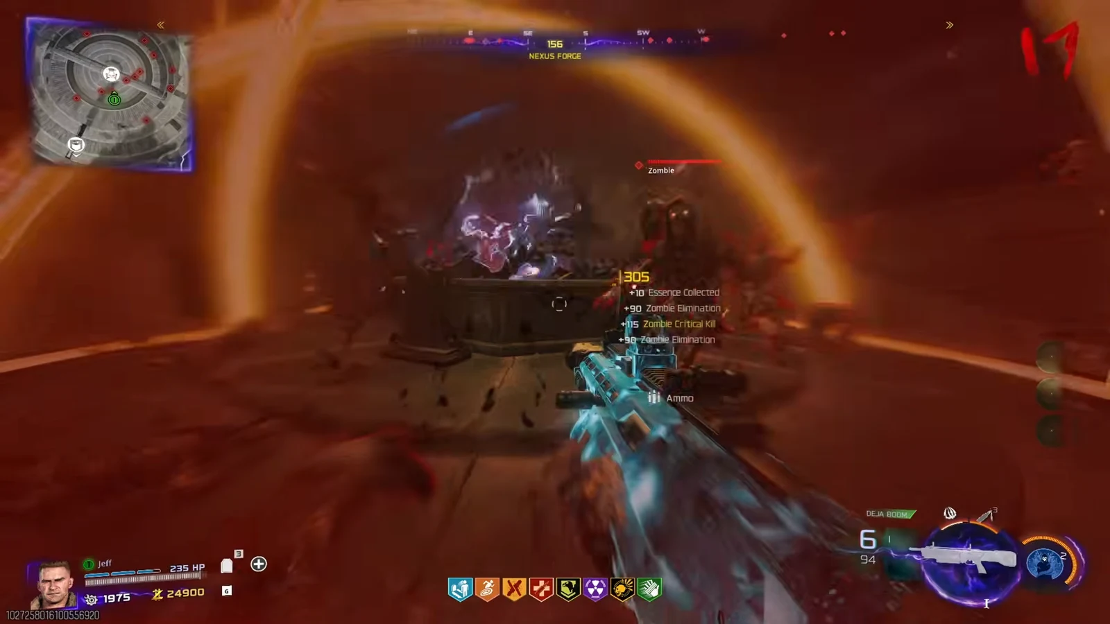Essence Collected and critical kill points appear as the player fires on a zombie at the Nexus Forge
