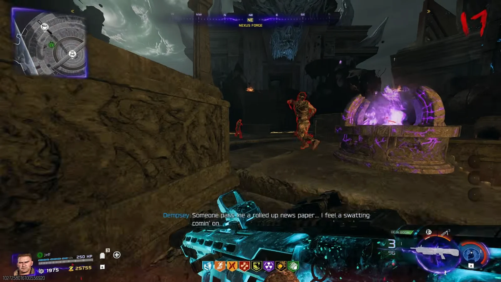 Player rides a Web Mother by the purple Pack-a-Punch altar and fires on red-marked zombies