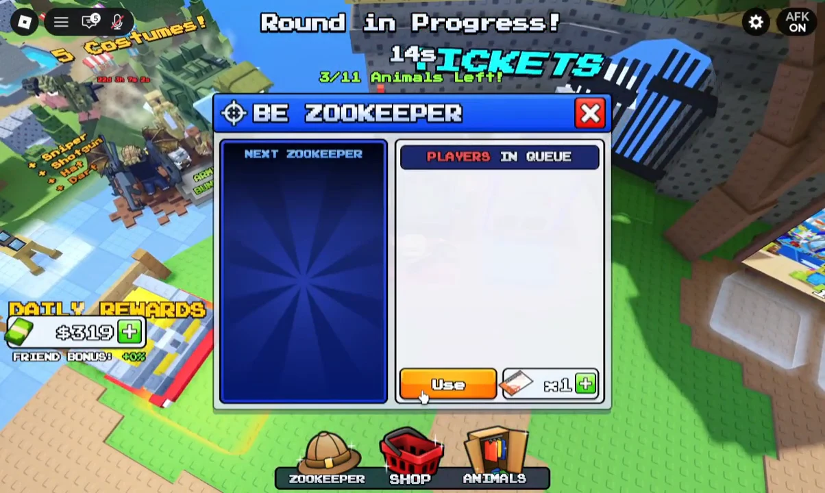 Be Zookeeper booth menu with the orange Use button selected to join the zookeeper queue
