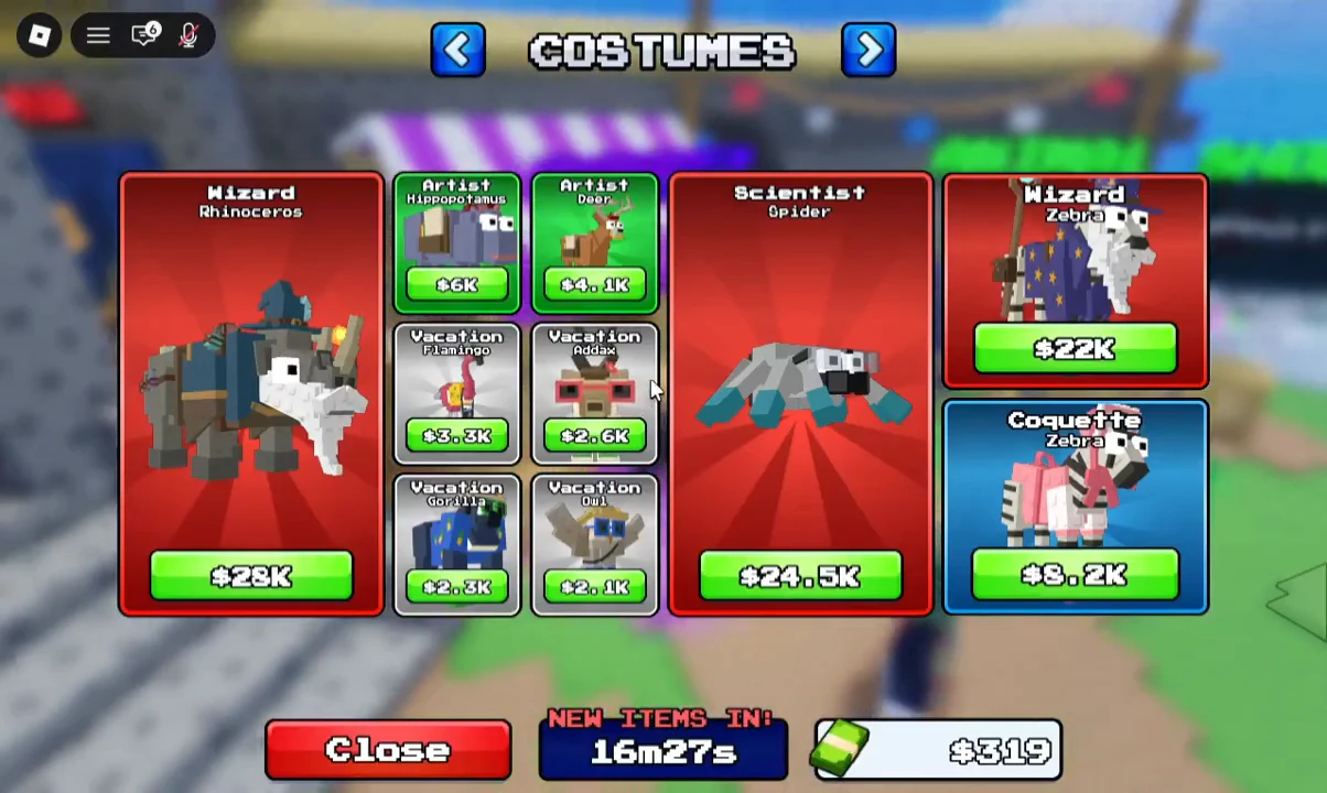 Costumes menu showing purchasable animal costume cards with prices in the lobby shop
