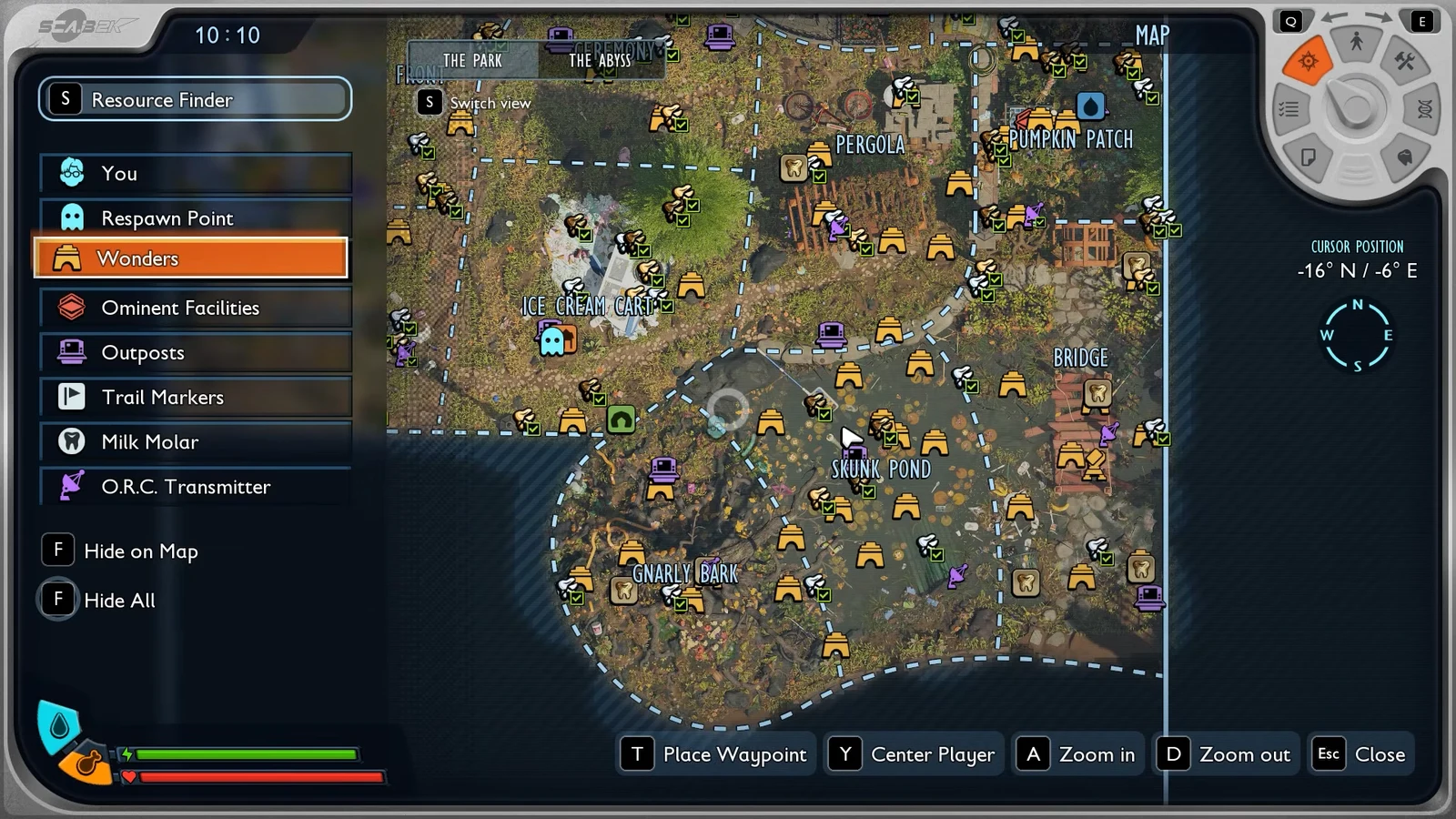 Grounded 2 map screen with the Resource Finder Wonders filter marking discovered locations