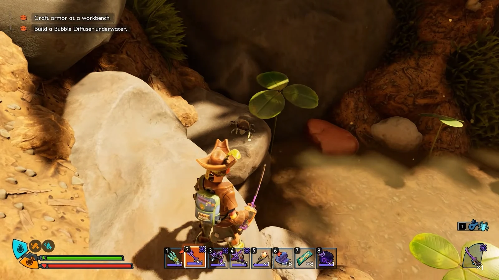 Player aiming a weapon at an insect in a cavern with active Grounded 2 objectives on screen