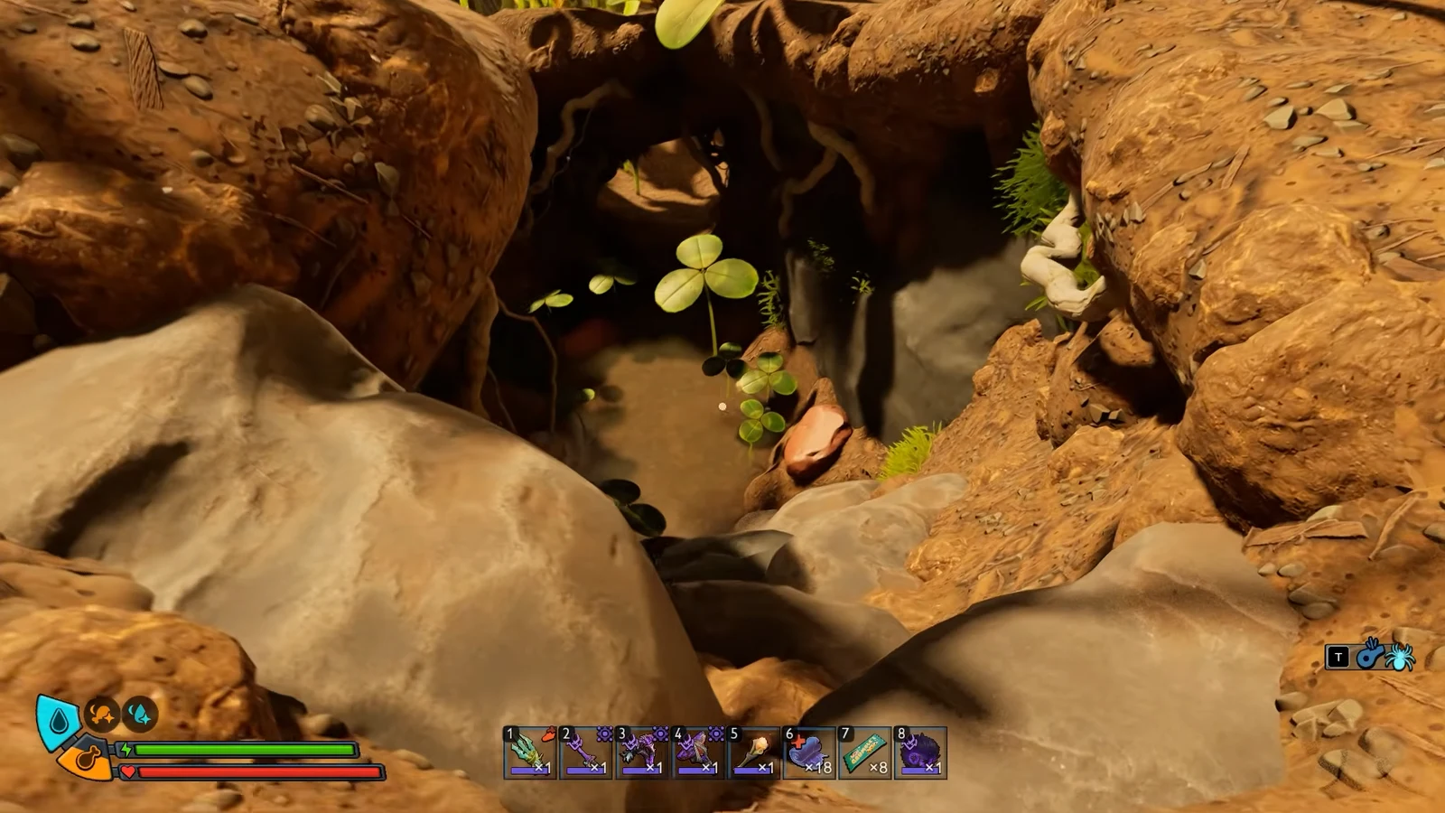First-person view aiming toward a rocky cave opening while exploring an underground passage