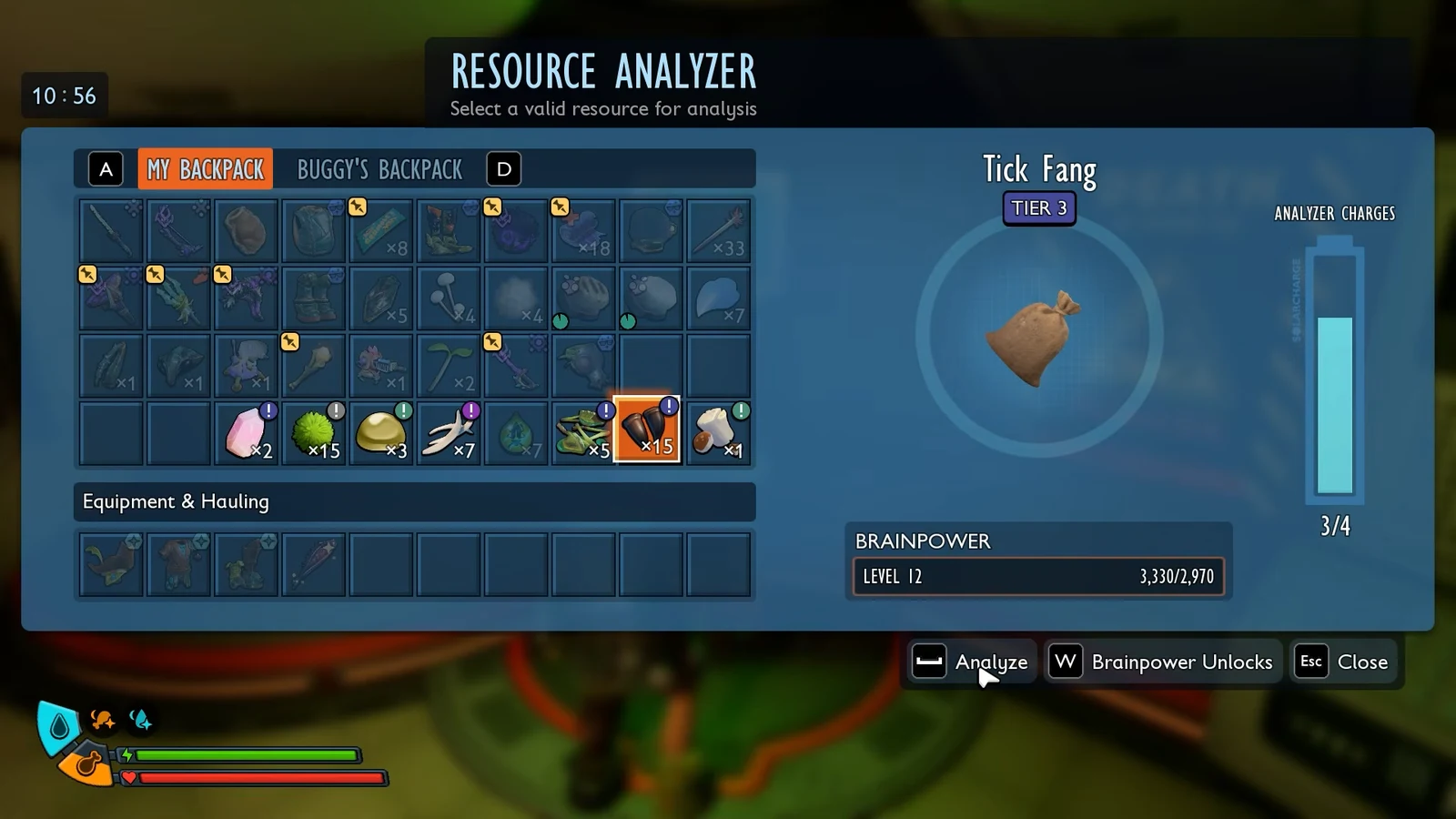 Resource Analyzer menu with Tick Fang selected and the Analyze button ready