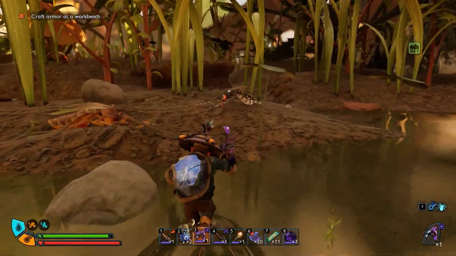 Player wading through water toward the shore with an on-screen crafting objective