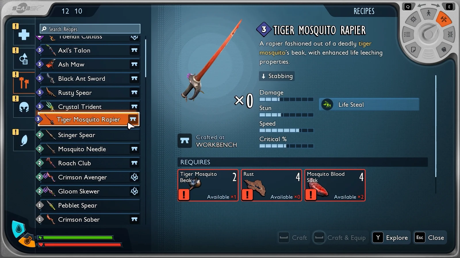 Recipes menu showing the Tiger Mosquito Rapier stats and its required crafting materials