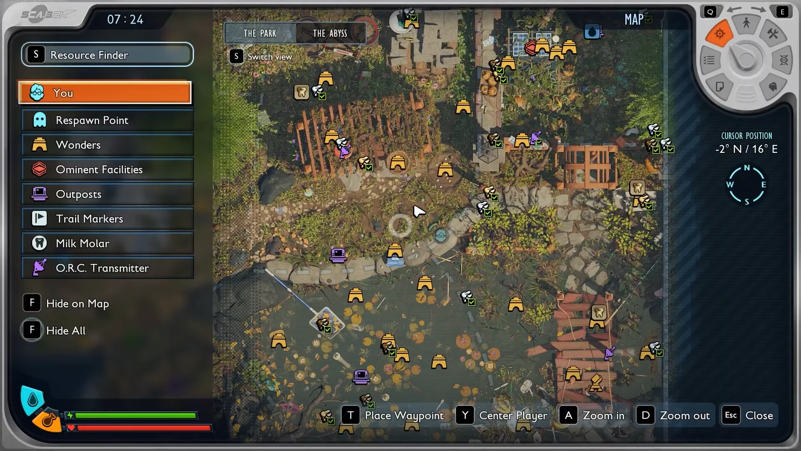 In-game map open with the player marker selected and waypoint controls visible