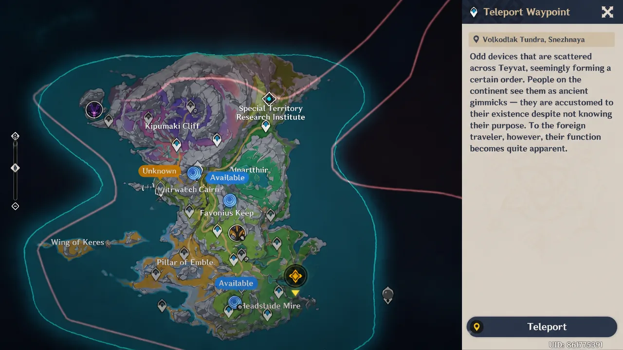 Map view of a teleport waypoint between Nod-Krai and Snezhnaya in Genshin Impact