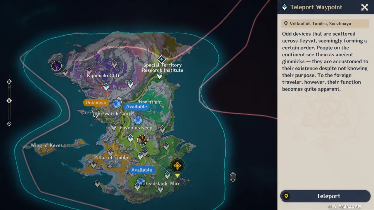 Map view of a teleport waypoint between Nod-Krai and Snezhnaya in Genshin Impact