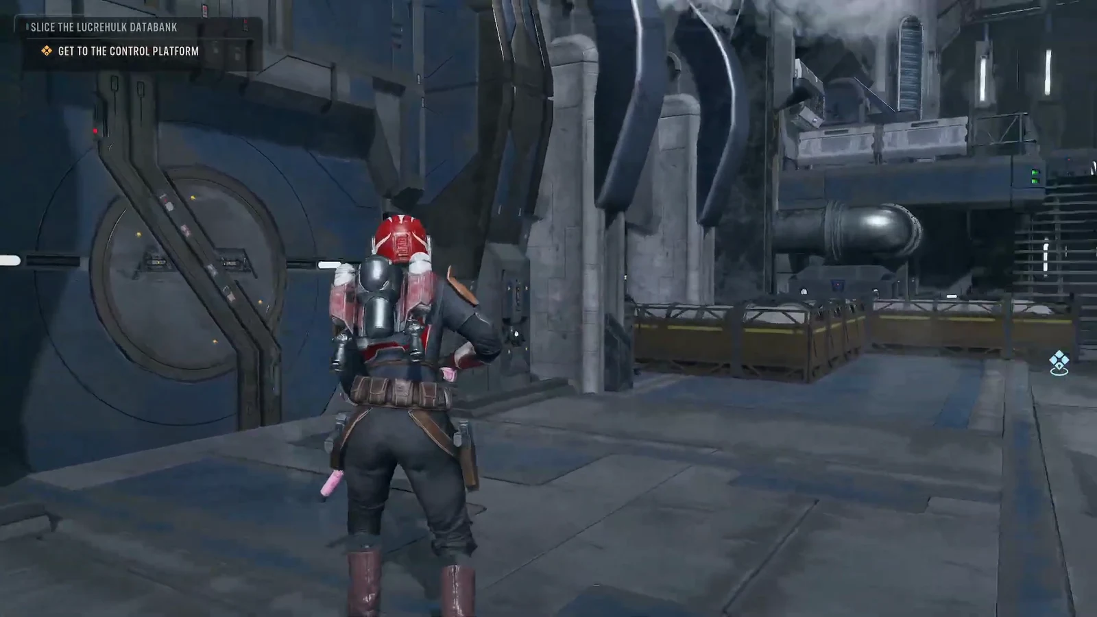 Third-person view of the squad moving along an exterior walkway with the Get to the Control Platform objective on screen
