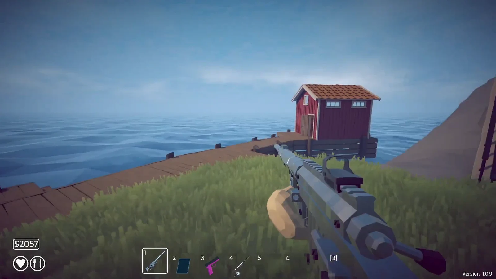 Player on the waterfront dock with a rifle equipped in hotbar slot 1, facing a red boathouse before boarding
