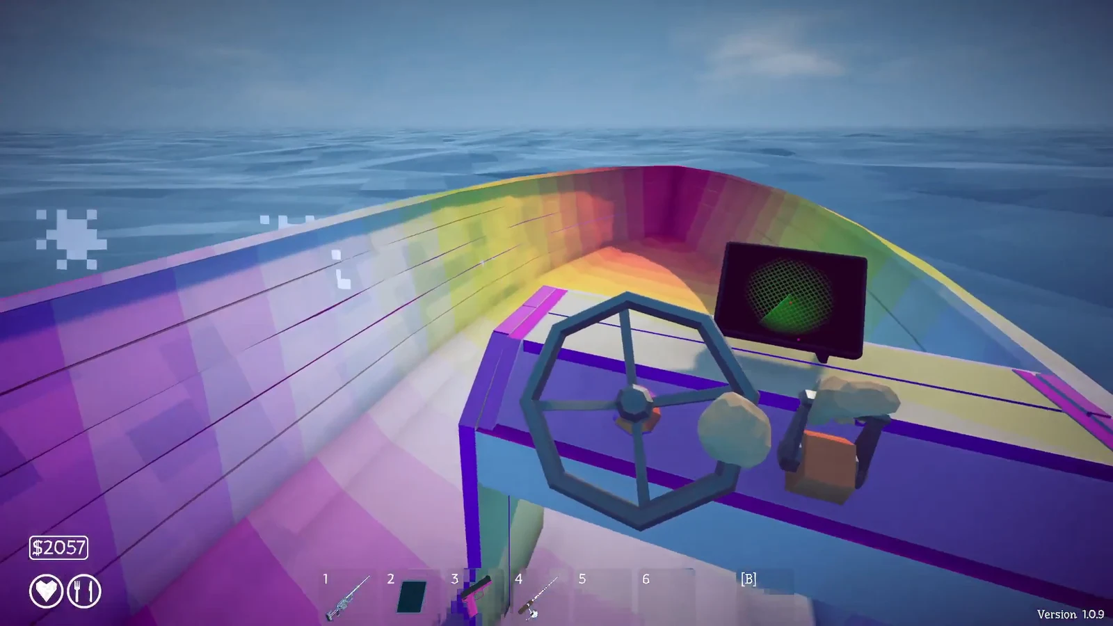 First-person view of a player operating the boat steering wheel and throttle on a colorful vessel