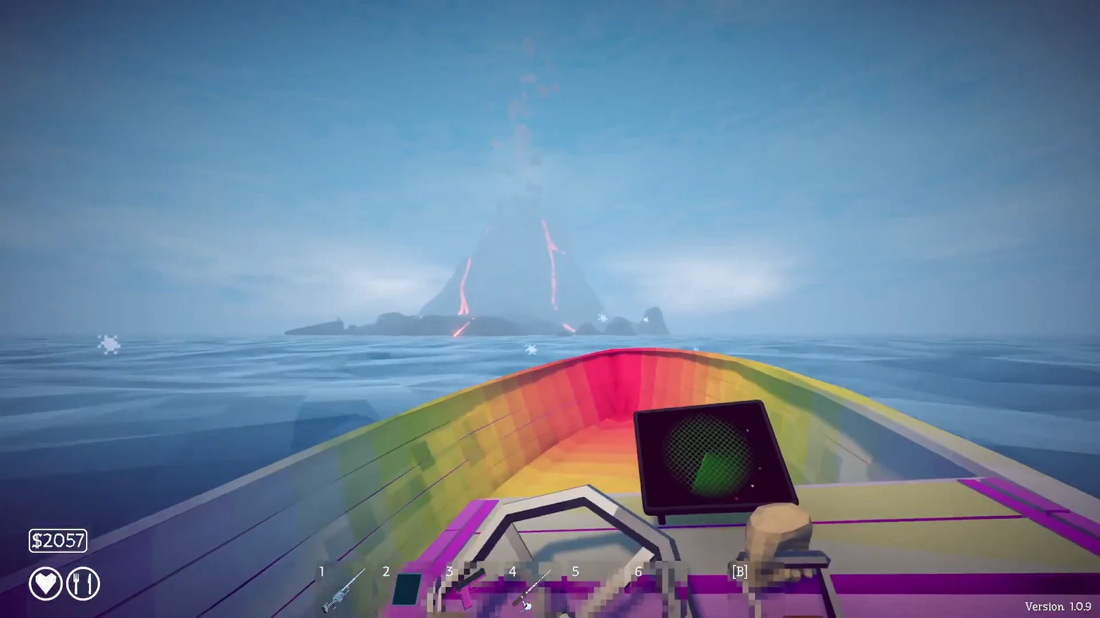 Boat helm active while steering toward a glowing volcanic island in the distance