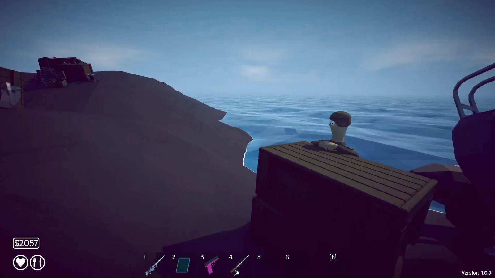 View from the boat looking toward a seated character on the volcanic shore with the weapon hotbar visible