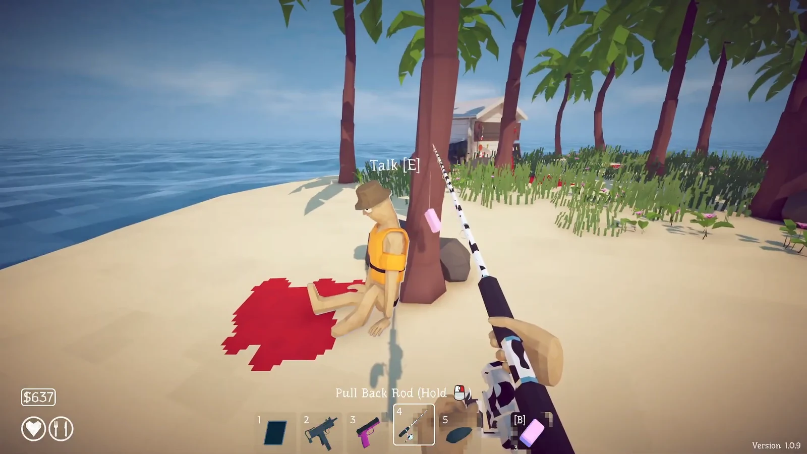 Beach view with the fishing rod pulled back and a Talk [E] prompt over the seated injured NPC