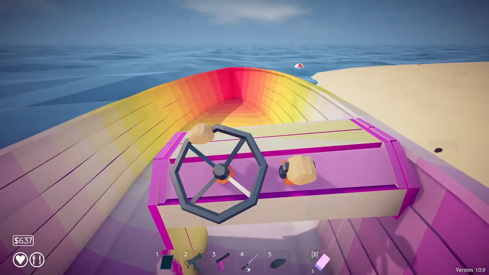 Player steering a pink speedboat with a hexagonal wheel toward a colorful waterslide on the open water