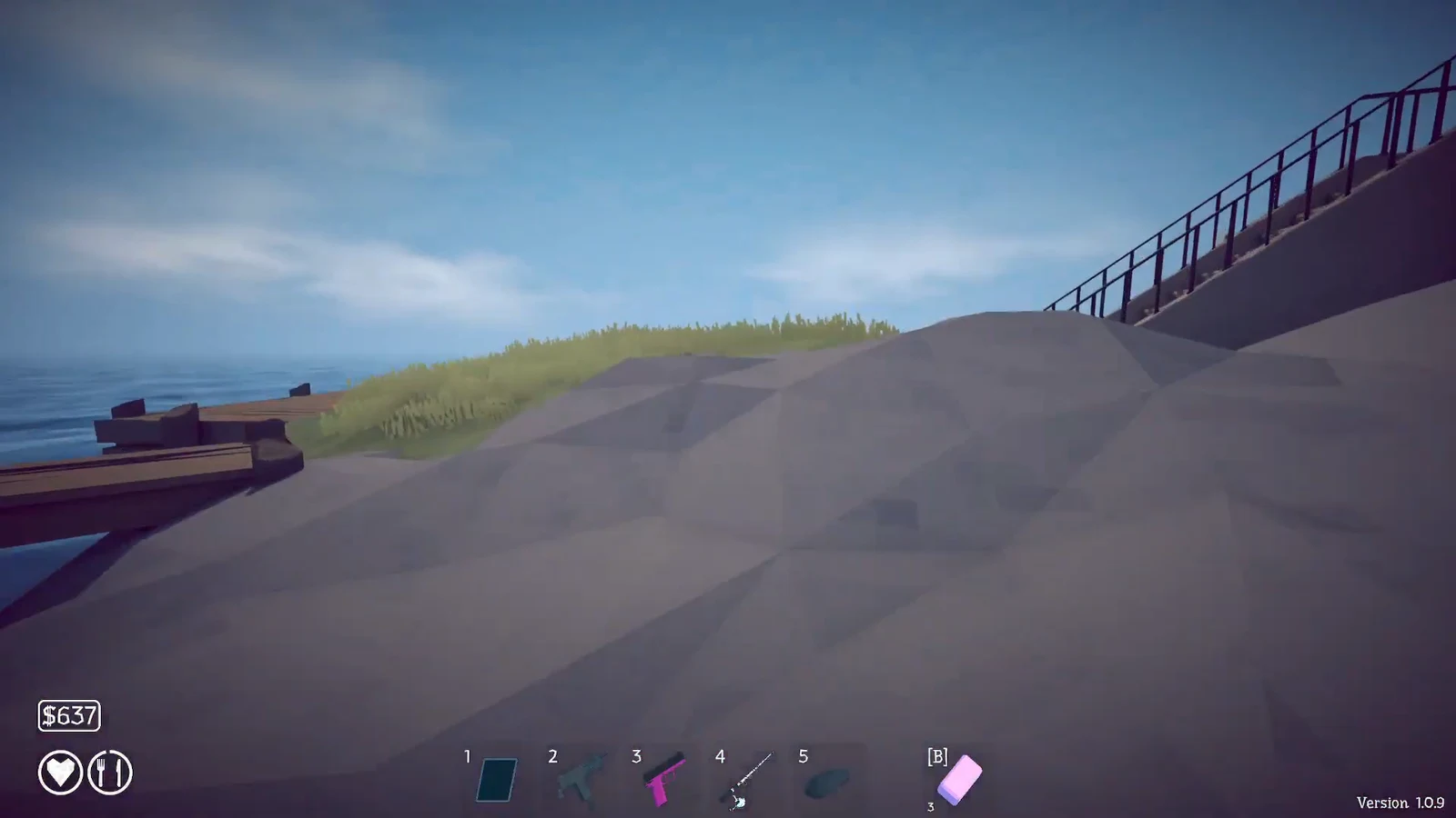 First-person view walking up a concrete ramp toward the casino with a pink pistol equipped in the hotbar