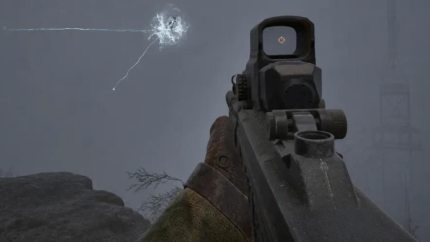Aiming down a holographic sight at an impact point during the Poltergeist fight
