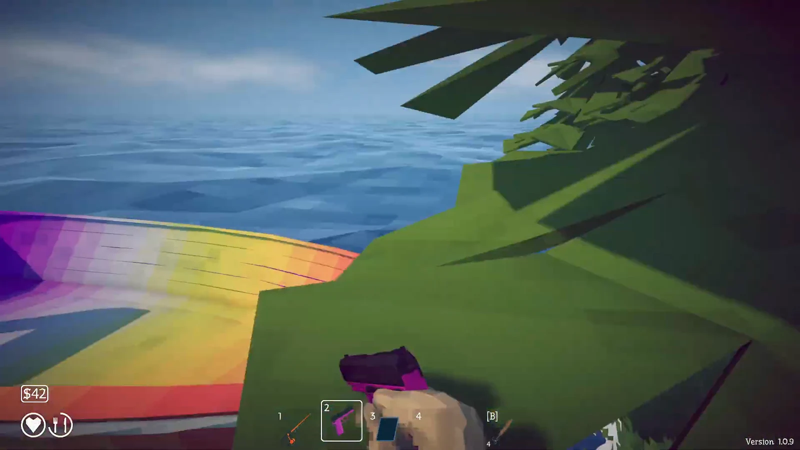 Player on a rainbow raft near shore with a purple pistol equipped in weapon slot 2