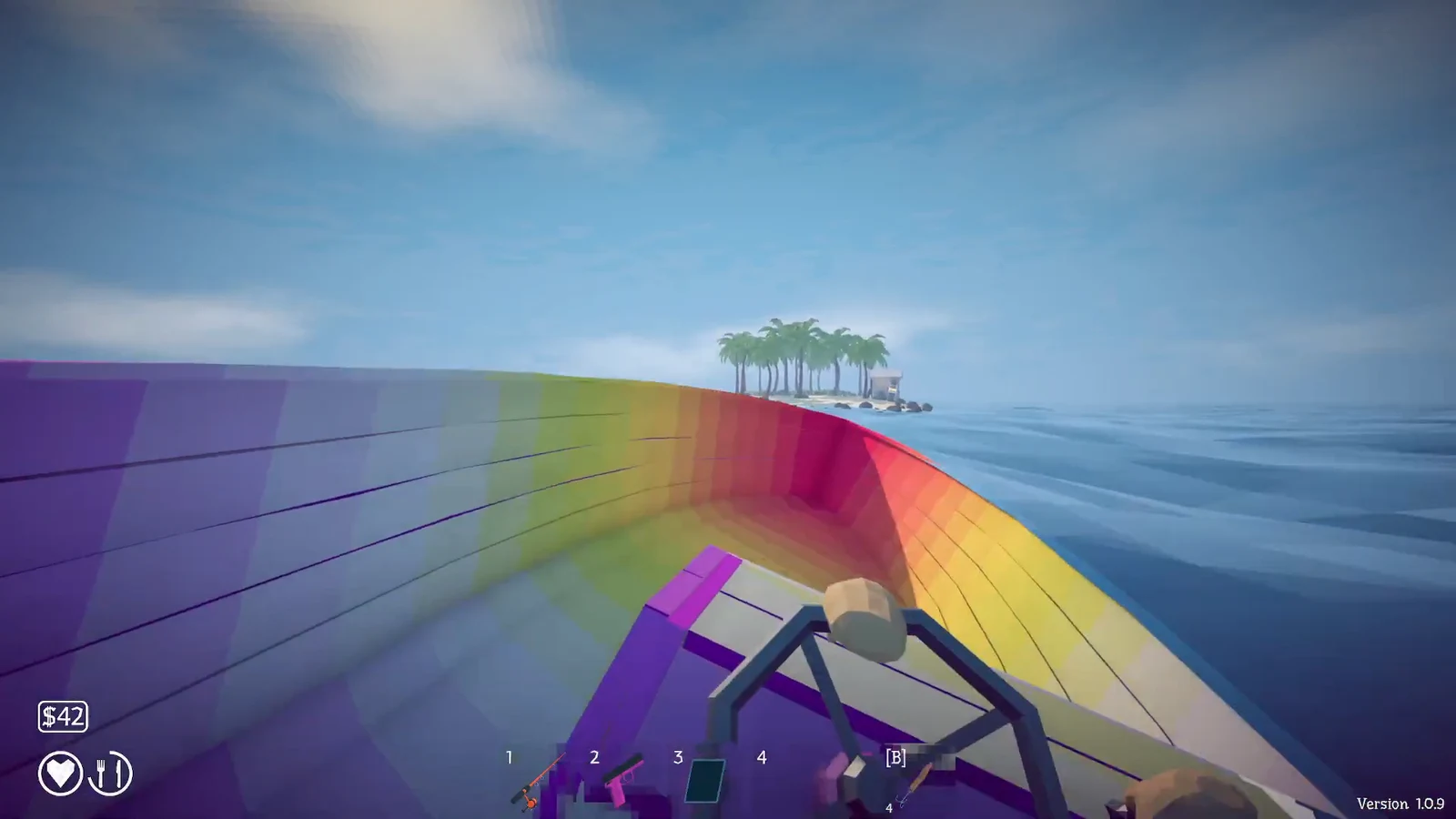 First-person view driving a boat along a rainbow track toward a palm-covered island
