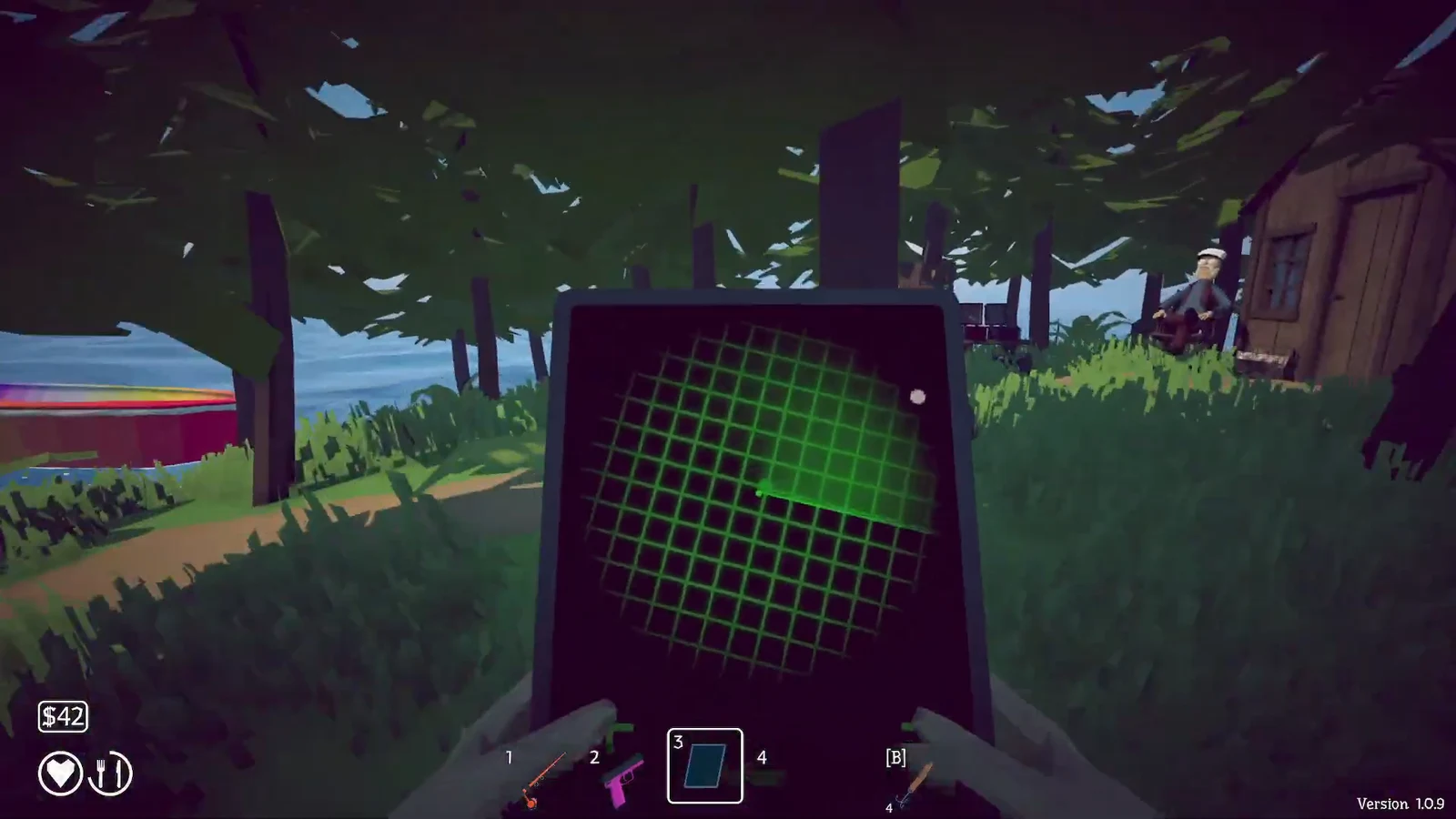 Handheld green-grid radar scanner active while surveying the wooded island