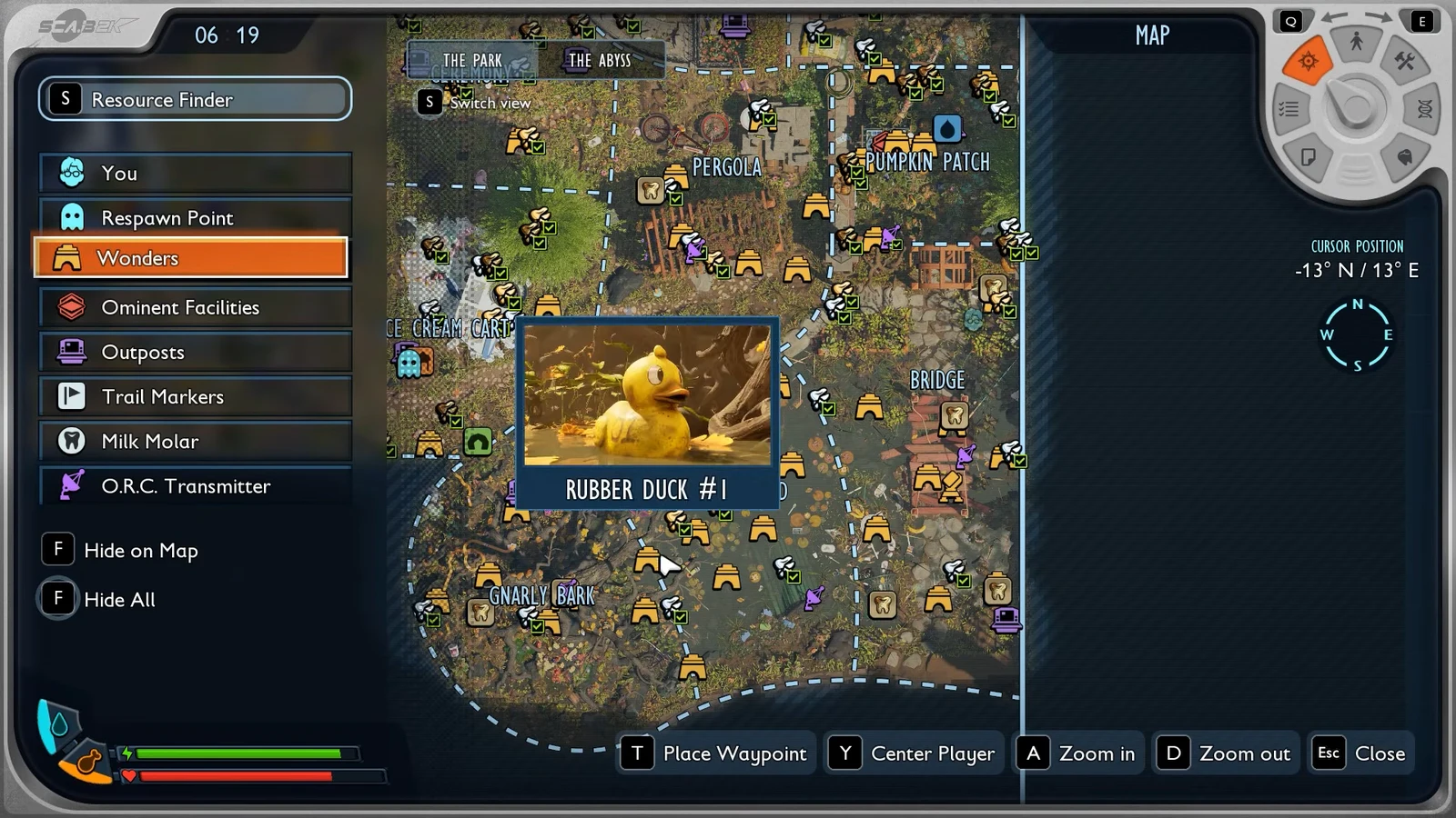 Grounded 2 map screen with the Wonders filter selected, showing the eastern Bridge and Pergola region