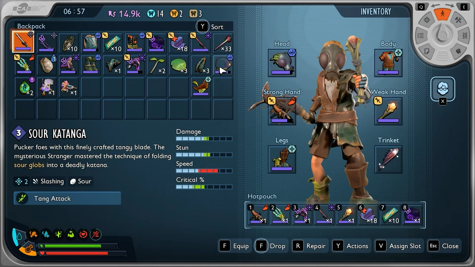Grounded 2 backpack inventory with the Sour Katanga highlighted, showing its stats and Tang Attack ability
