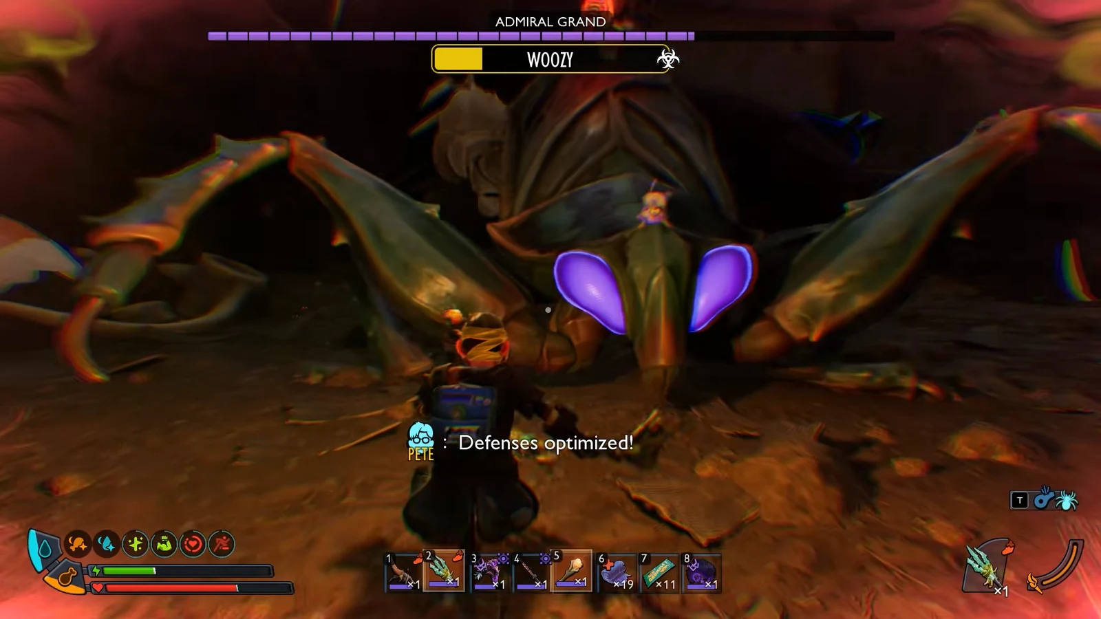 Player fighting Admiral Grand in Grounded 2 with a WOOZY status effect active and a Defenses optimized callout