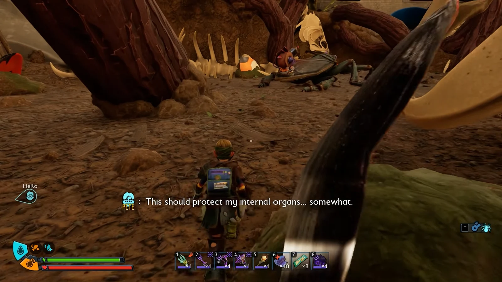 Player swinging a large melee weapon at a giant insect near a skeleton