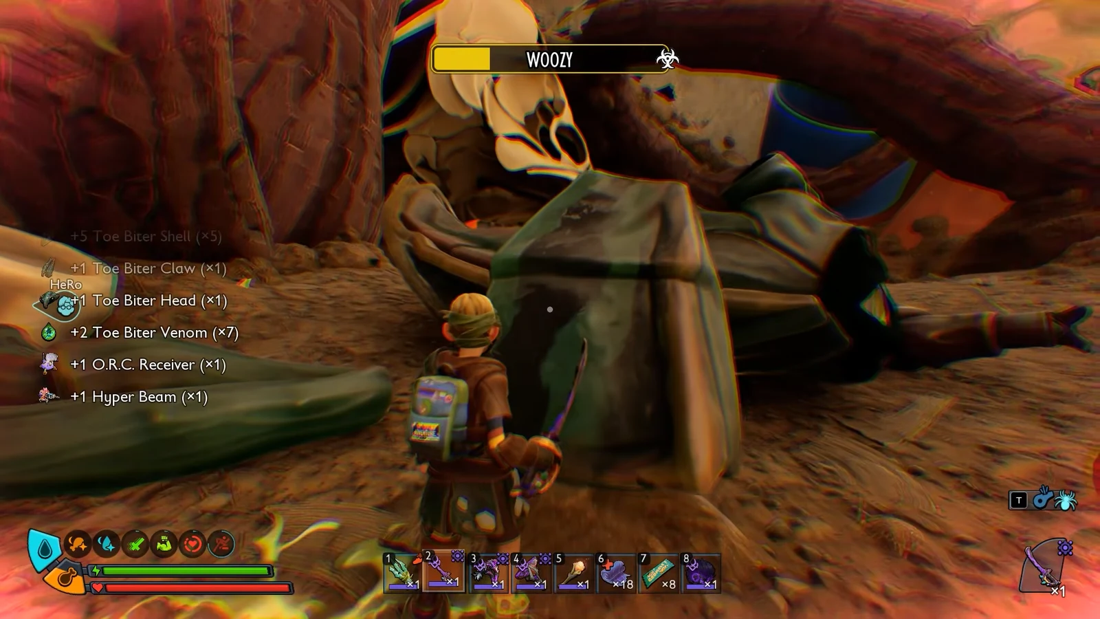 Boss fight with a health bar on screen and loot pickup notifications on the left