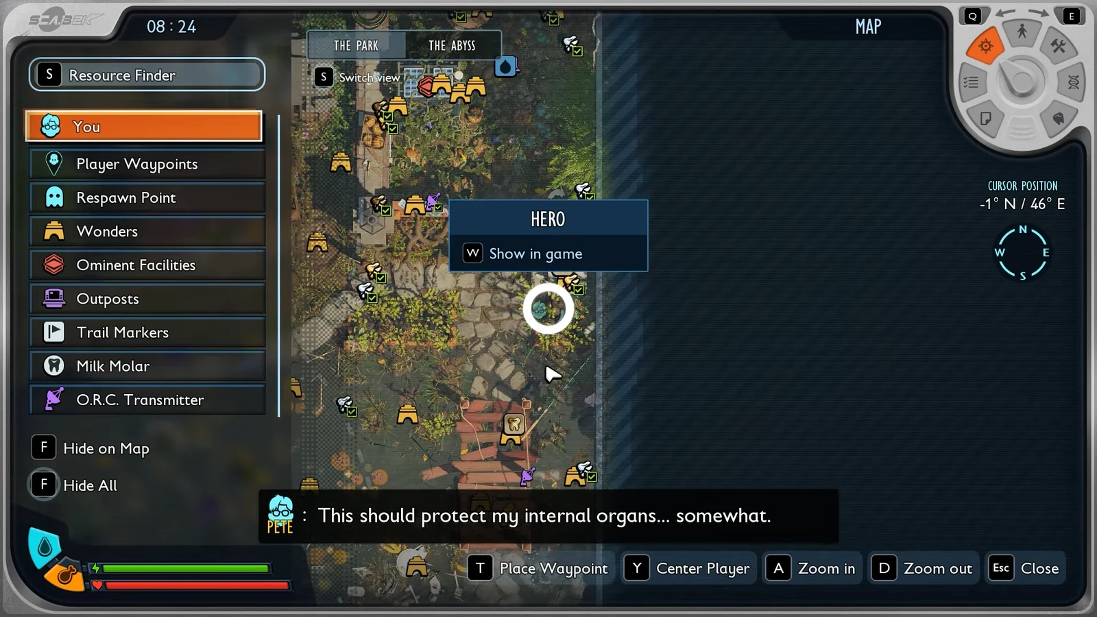 Resource Finder map with the HERO marker selected and a Show in game prompt