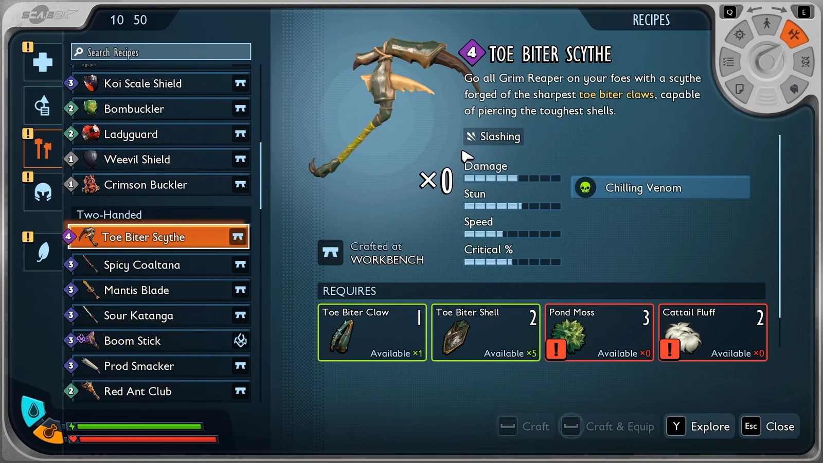 Recipes menu showing the Toe Biter Scythe with stats and required materials
